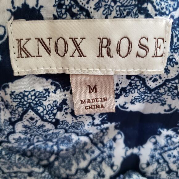 Knox Rose Blue Geometric Faux Wrap Wide Bell Sleeve Tie Front Top Medium - Picture 11 of 12
